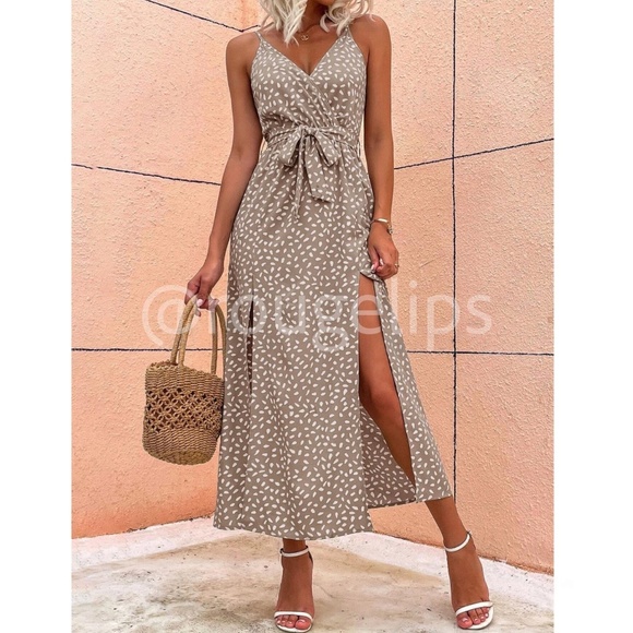 Khaki Spotted Print Long Dress V-Neck Tie Belt Cami  Leg Slit Faux Wrap - Picture 2 of 8